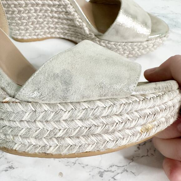 Stuart Weitzman Mostly Platform Metallic Suede Espadrille Wedge Sandals Size 9.5 - Picture 3 of 14